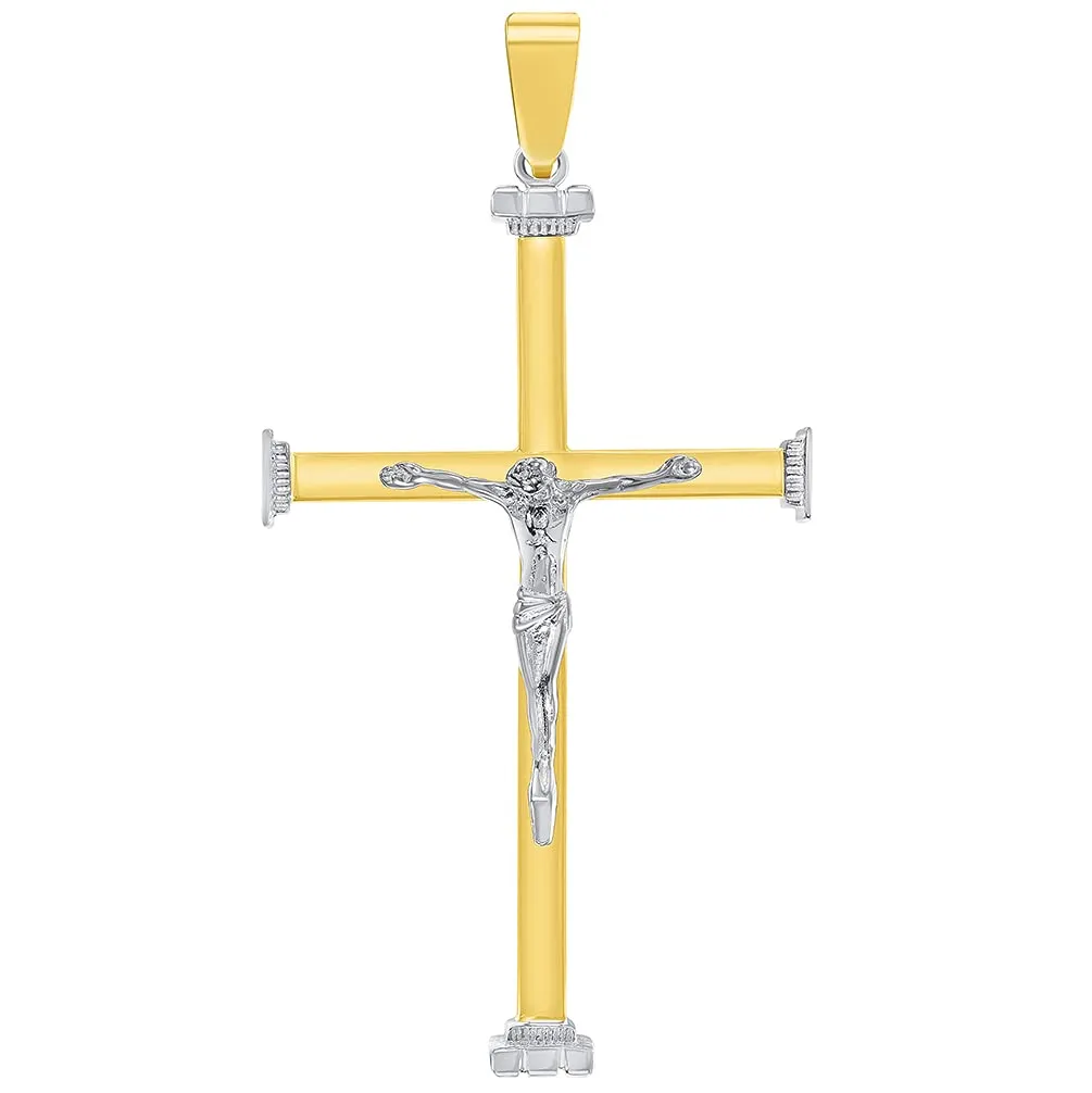 14k Solid Two-Tone Gold 3D Catholic Christian Crucifix Cross Pendant