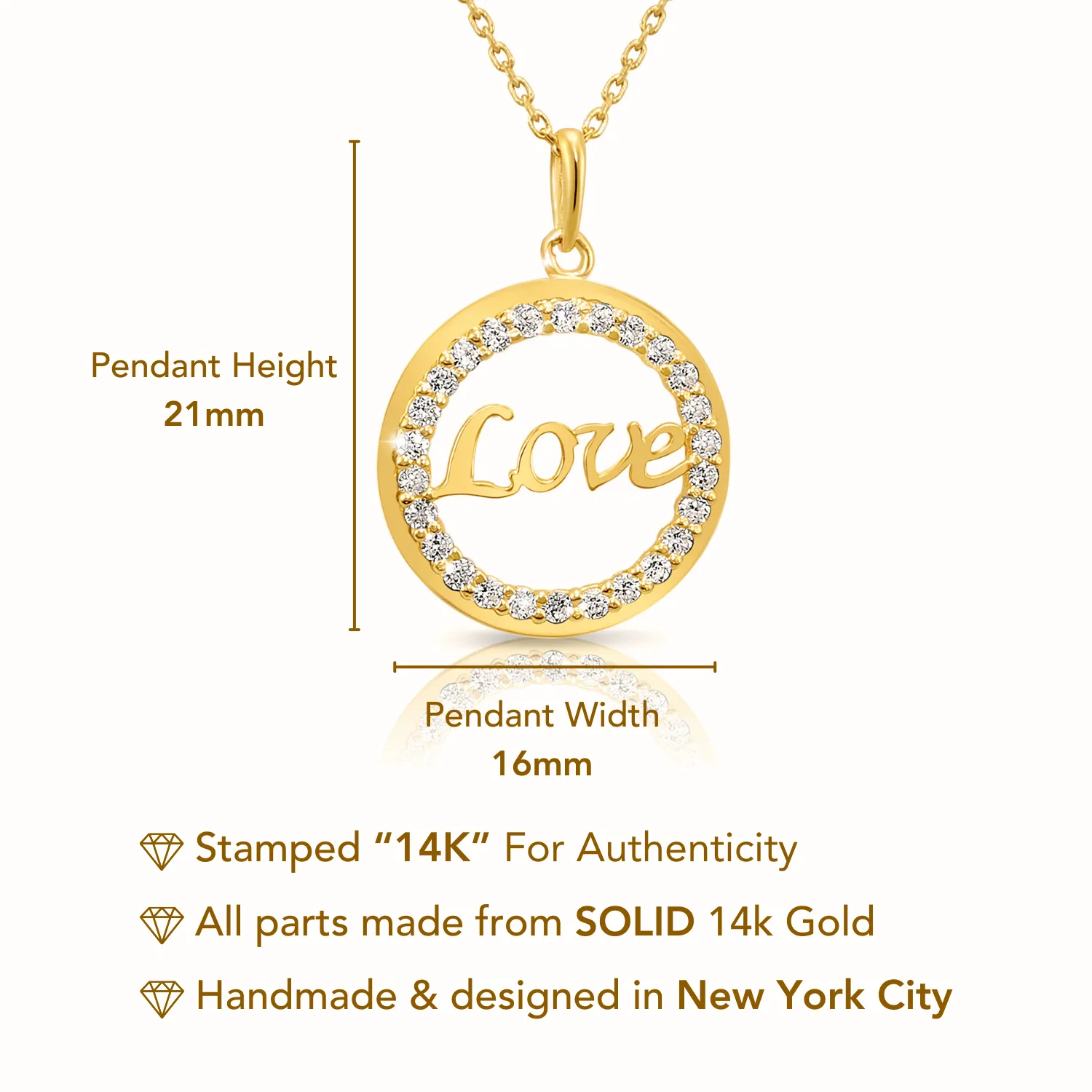 14K Solid Yellow Gold Love Script CZ Pendant, With 18" Cable Chain Necklace