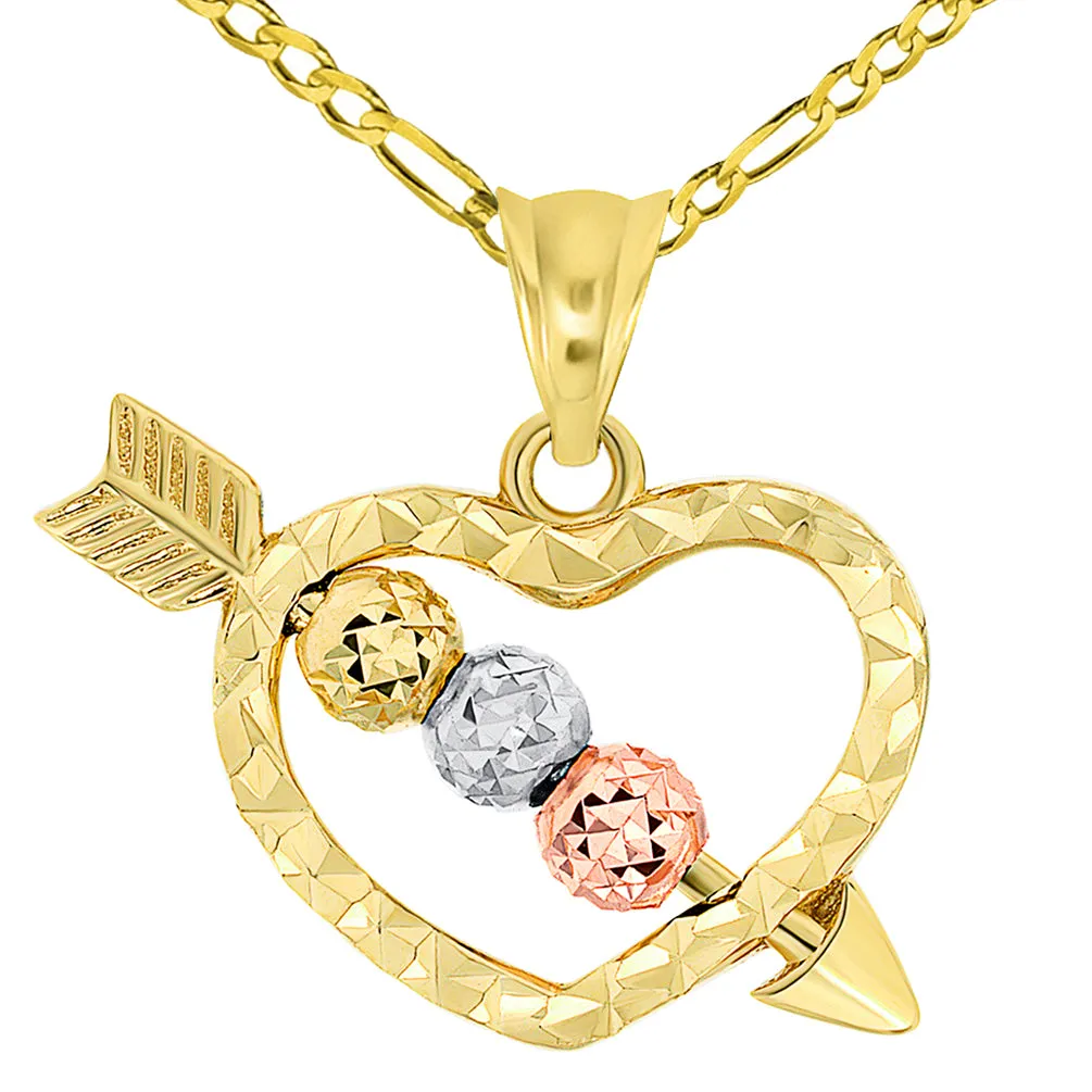 14k Tri-Color Gold Beaded Cupid's Love Arrow Through Textured Small Heart Pendant Necklace with Figaro Chain
