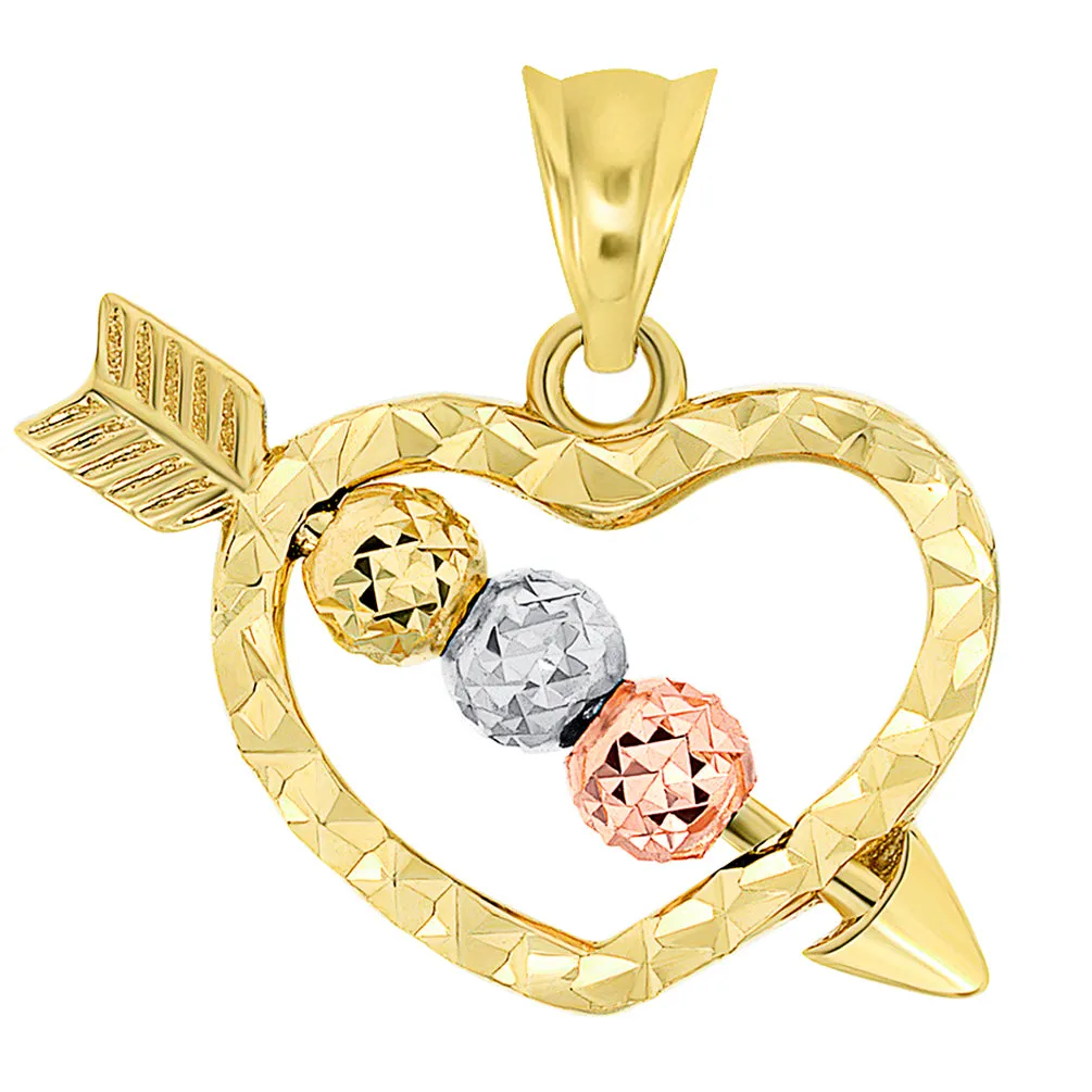 14k Tri-Color Gold Beaded Cupid's Love Arrow Through Textured Small Heart Pendant Necklace with Figaro Chain
