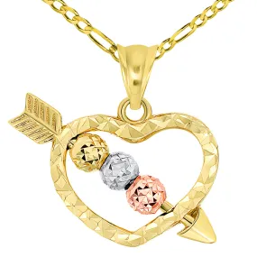 14k Tri-Color Gold Beaded Cupid's Love Arrow Through Textured Small Heart Pendant Necklace with Figaro Chain