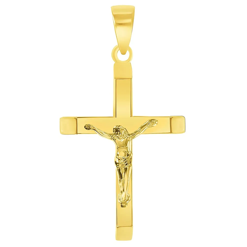 14k Yellow Gold 3D Catholic Christian Crucifix Slanted-Edge Cross Pendant with Cuban Chain Curb Necklace