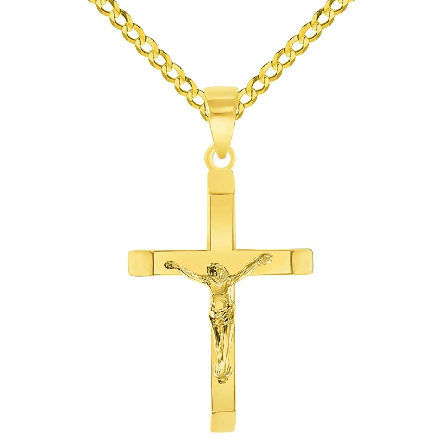 14k Yellow Gold 3D Catholic Christian Crucifix Slanted-Edge Cross Pendant with Cuban Chain Curb Necklace