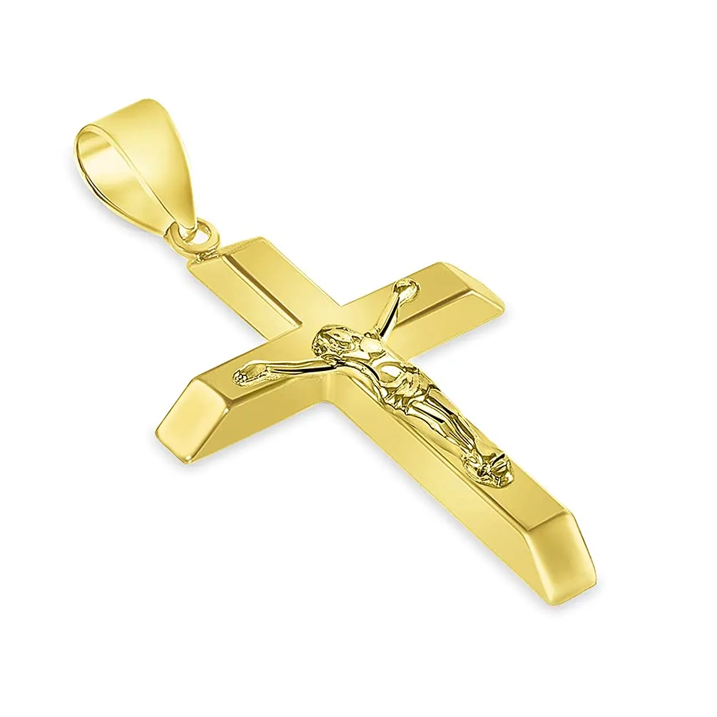 14k Yellow Gold 3D Catholic Christian Crucifix Slanted-Edge Cross Pendant with Cuban Chain Curb Necklace