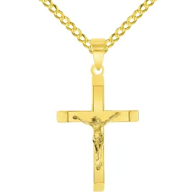 14k Yellow Gold 3D Catholic Christian Crucifix Slanted-Edge Cross Pendant with Cuban Chain Curb Necklace
