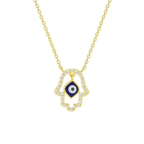 14k Yellow Gold Cubic-Zirconia Open Hamsa Dangling Evil Eye Necklace with Spring Ring Clasp
