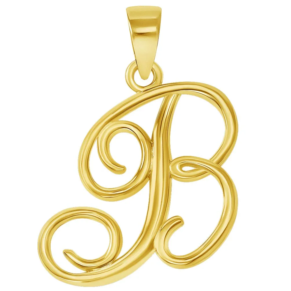 14k Yellow Gold Elegant Script Letter B Cursive Initial Pendant Necklace