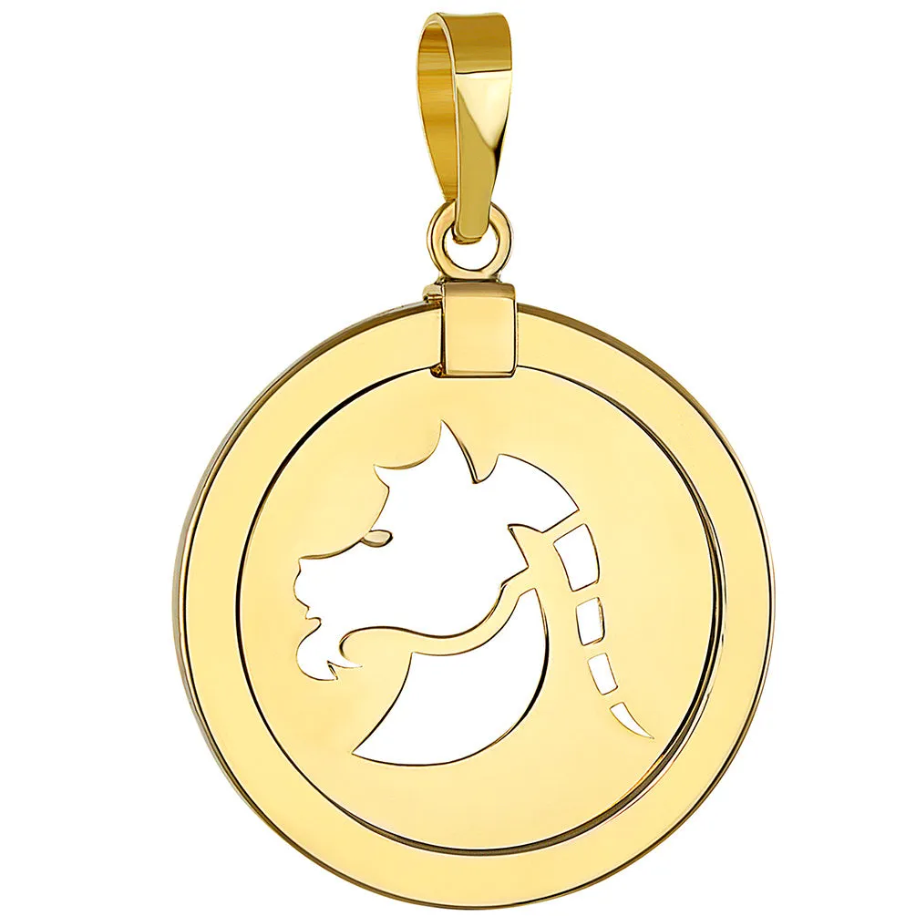 14K Yellow Gold Reversible Round Capricorn Goat Zodiac Sign Pendant with Figaro Chain Necklace