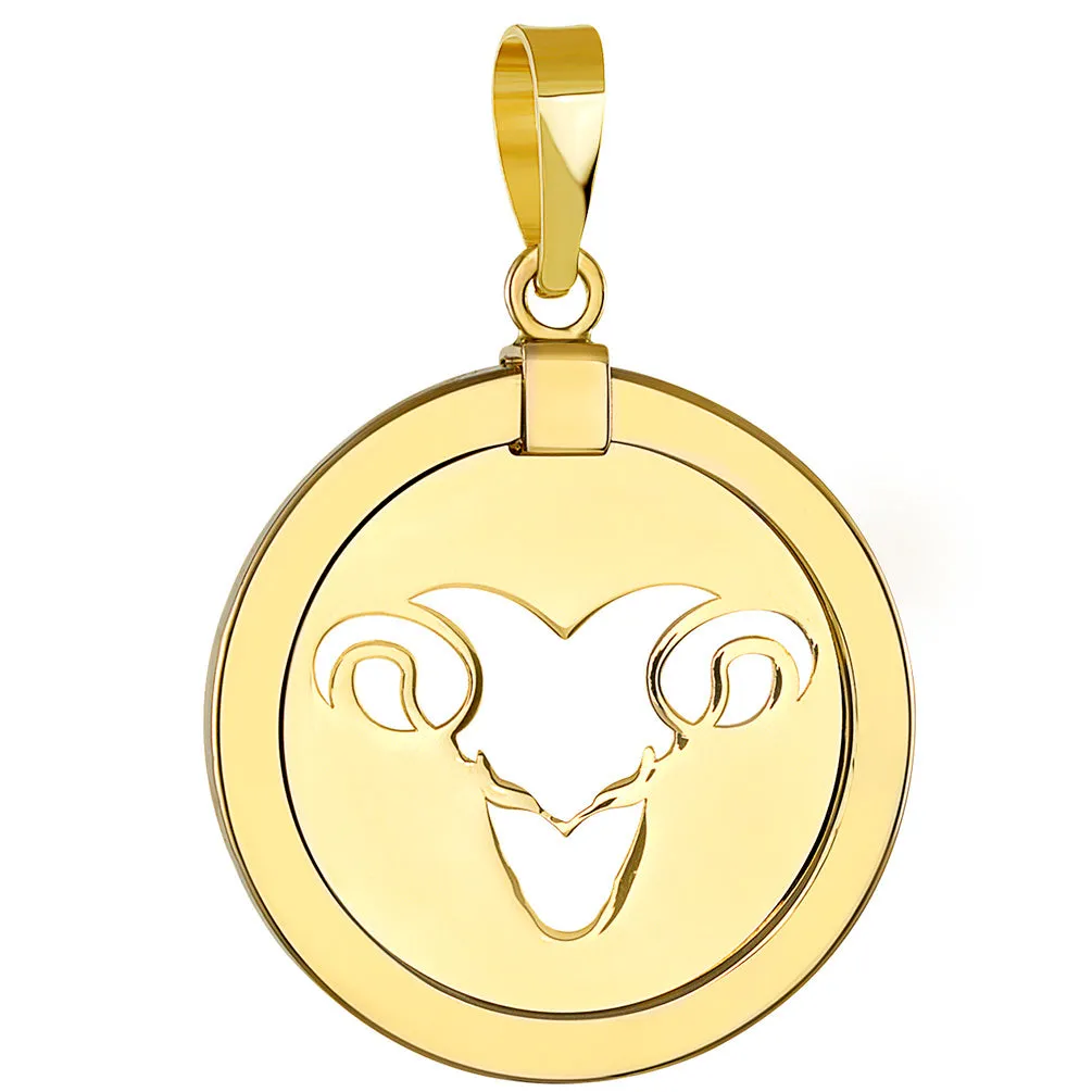 14K Yellow Gold Reversible Round Ram Aries Zodiac Sign Pendant with Cuban Chain Necklace
