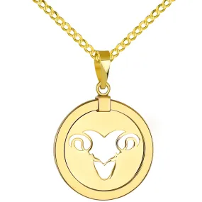 14K Yellow Gold Reversible Round Ram Aries Zodiac Sign Pendant with Cuban Chain Necklace