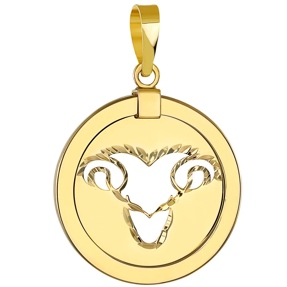 14K Yellow Gold Reversible Round Ram Aries Zodiac Sign Pendant with Cuban Chain Necklace