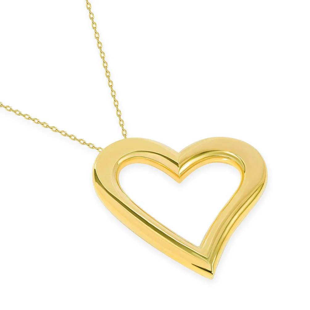 14k Yellow Gold Sideways Dangling Open 3D Heart Necklace with Lobster Claw Clasp