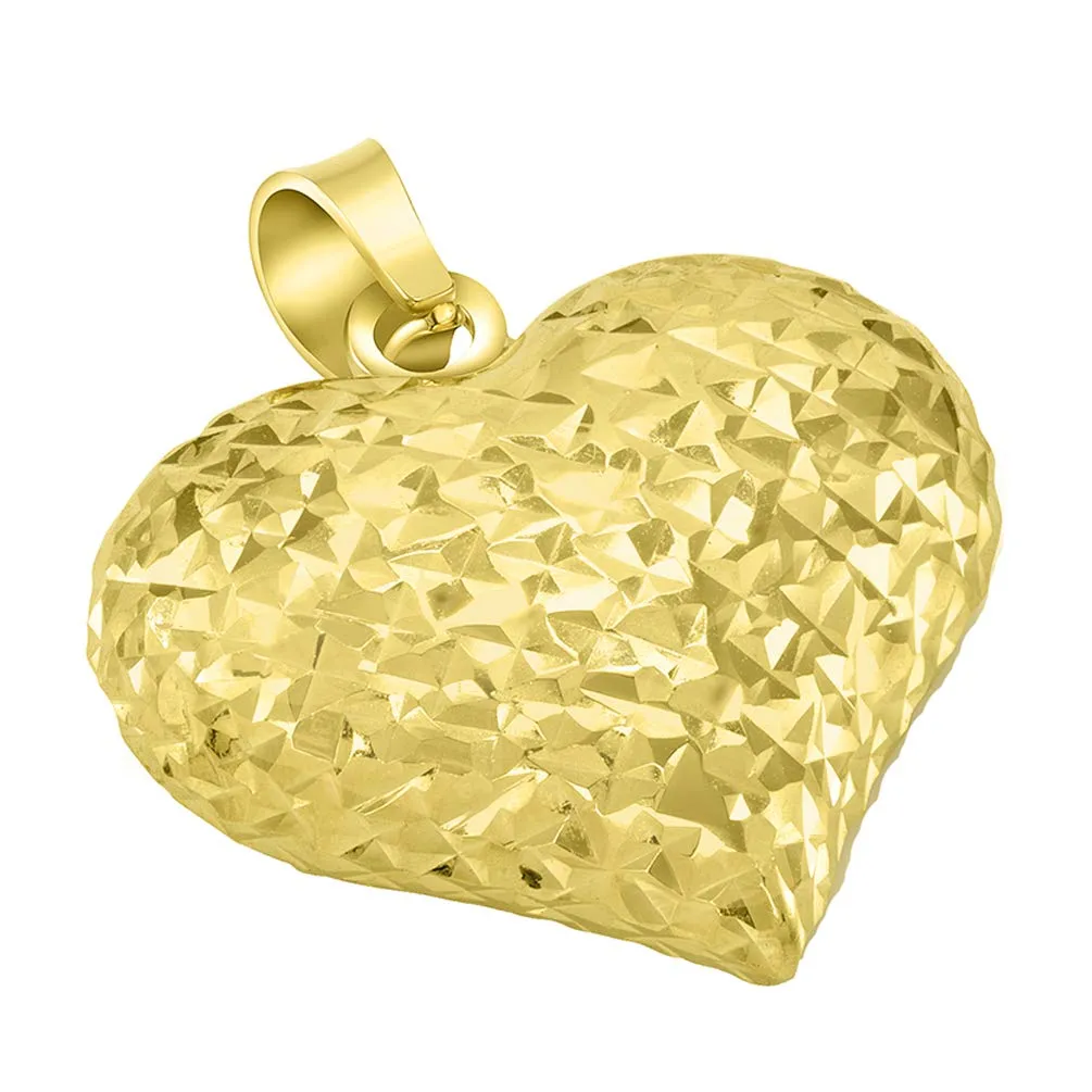 14k Yellow Gold Sparkle Cut Puffed Heart Charm Pendant