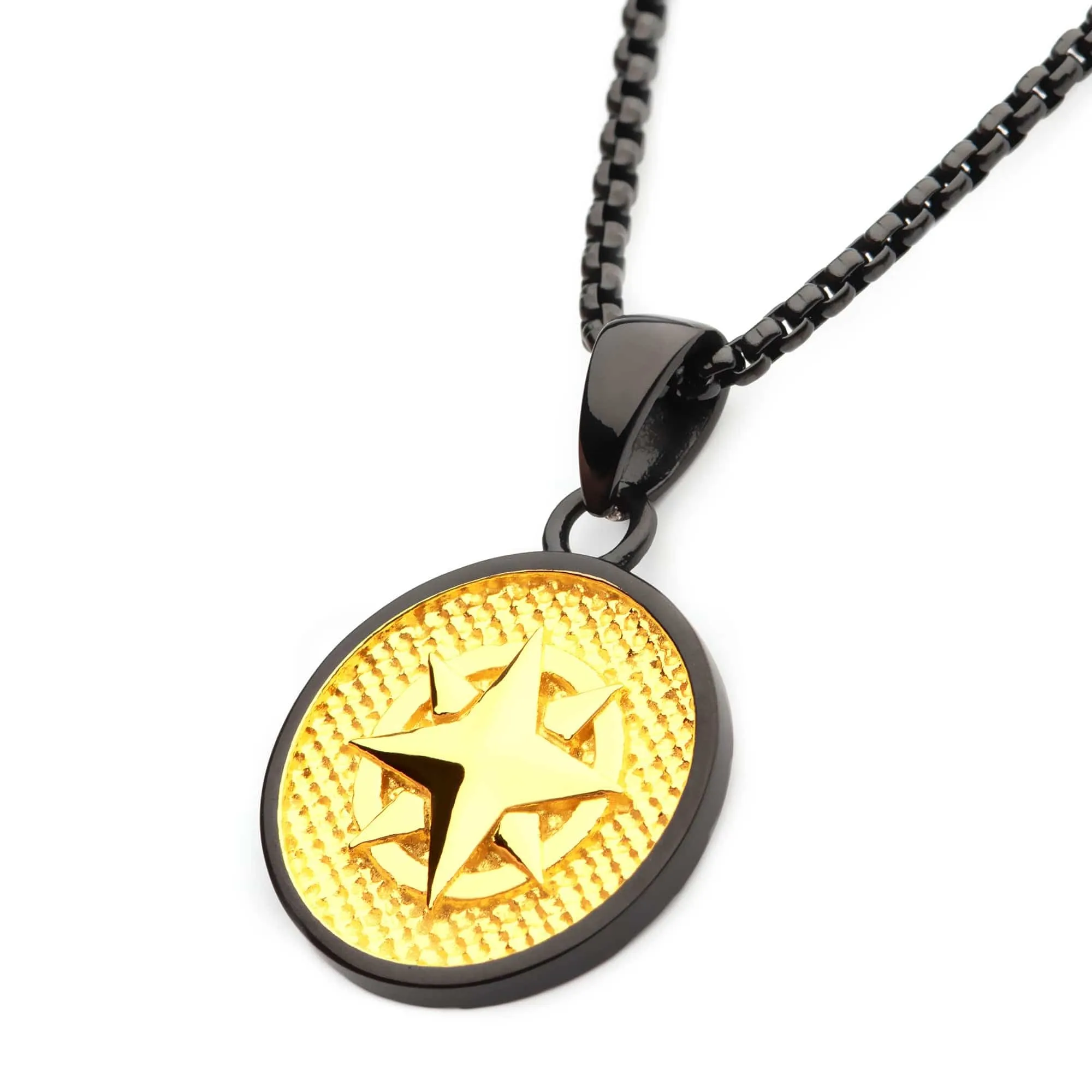 18K Gold Ion Plated Black Tone Stainless Steel Wayfinder Compass Medallion Pendant with Box Chain