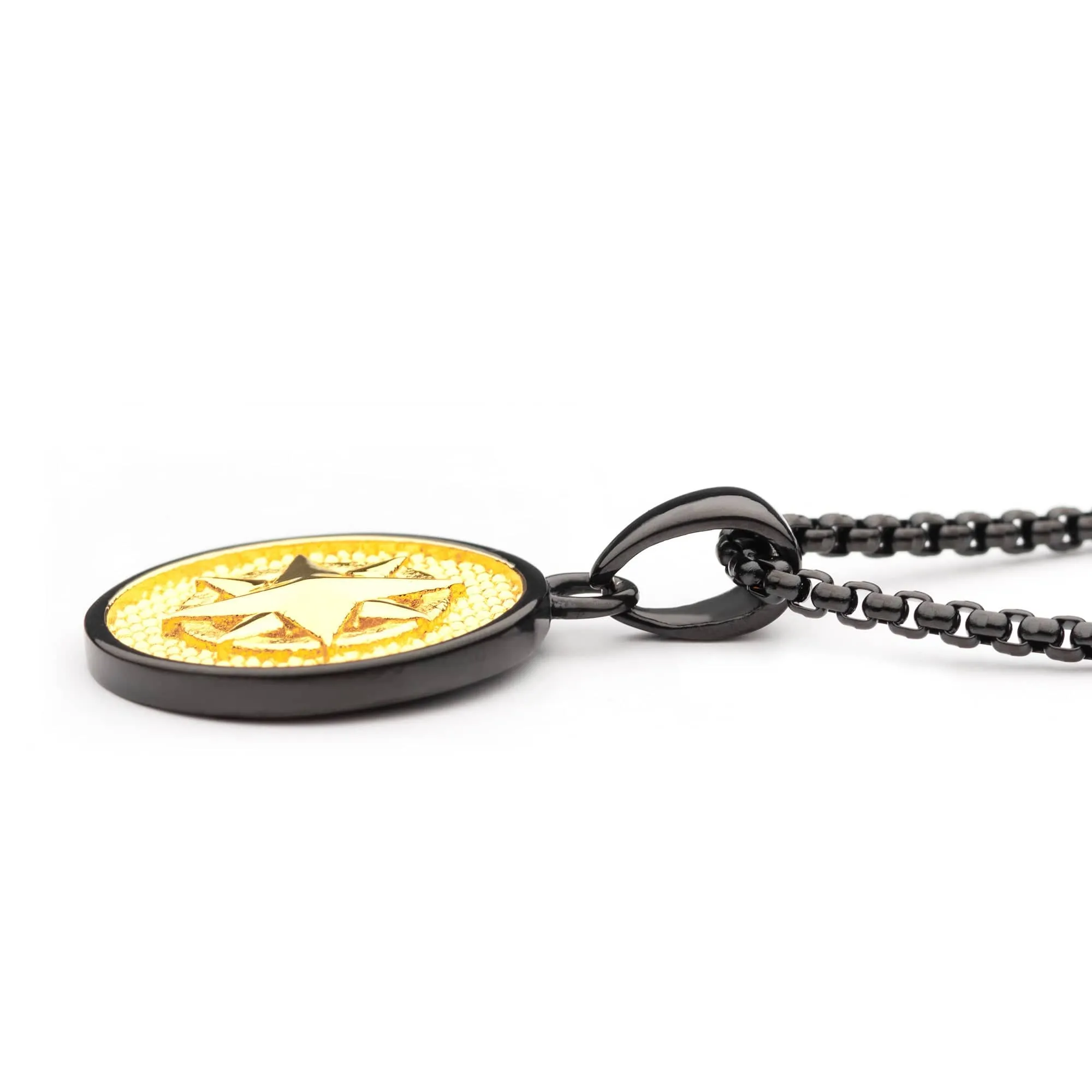 18K Gold Ion Plated Black Tone Stainless Steel Wayfinder Compass Medallion Pendant with Box Chain