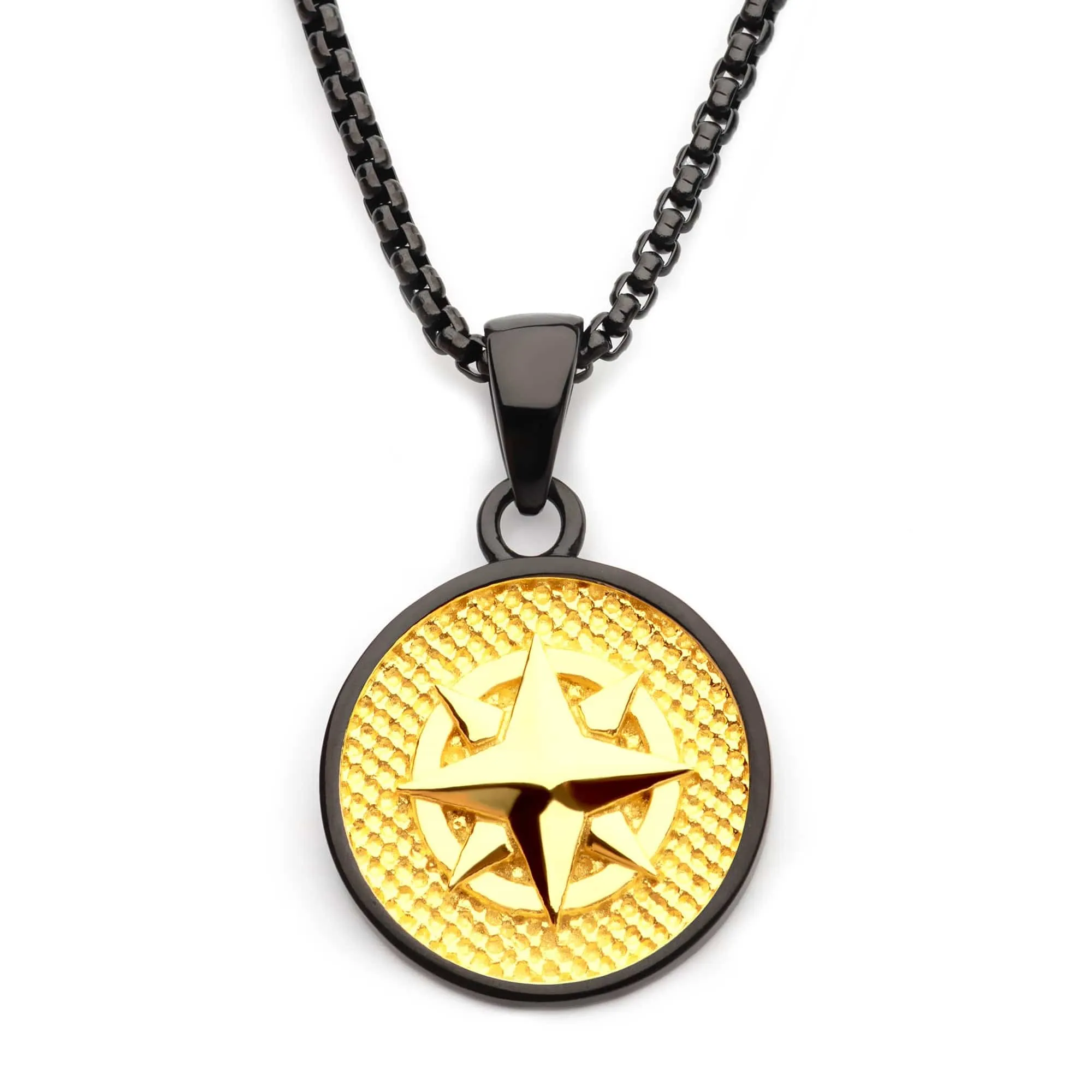 18K Gold Ion Plated Black Tone Stainless Steel Wayfinder Compass Medallion Pendant with Box Chain