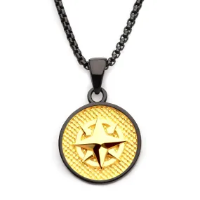 18K Gold Ion Plated Black Tone Stainless Steel Wayfinder Compass Medallion Pendant with Box Chain