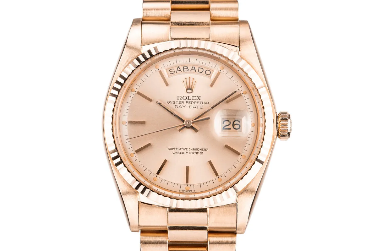 1972 Rolex 18K Rose Gold Day-Date 1803 with Spanish Day Wheel