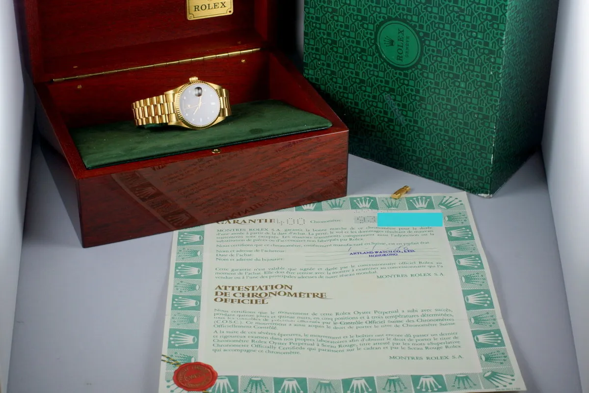 1982 Rolex YG Day Date 18038 Factory Diamond Vignette Dial with Box and Papers