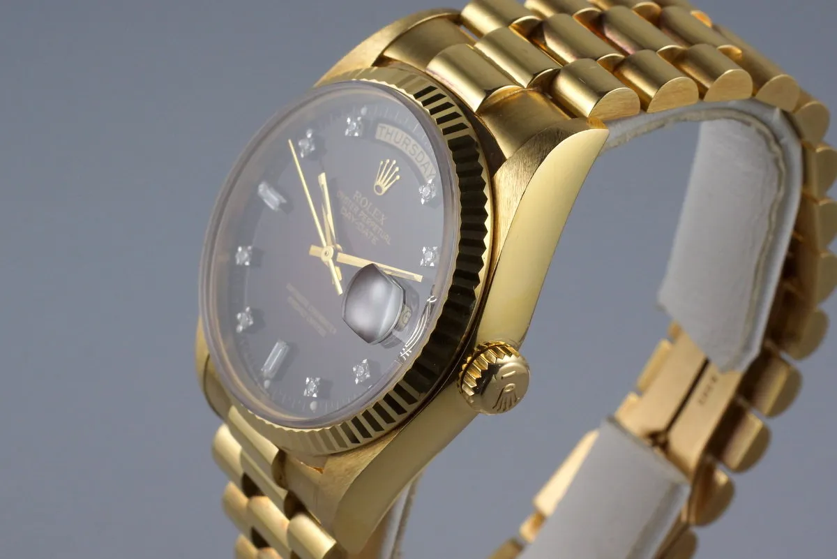 1982 Rolex YG Day Date 18038 Factory Diamond Vignette Dial with Box and Papers