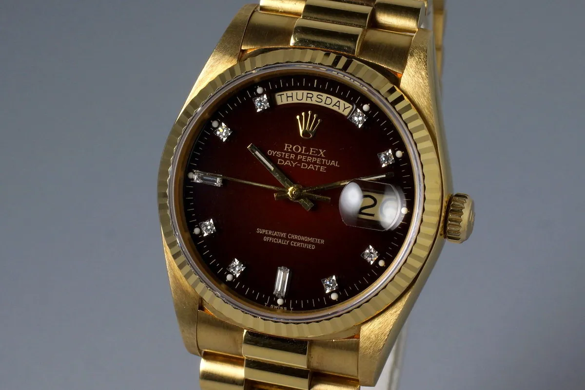 1982 Rolex YG Day Date 18038 Factory Diamond Vignette Dial with Box and Papers