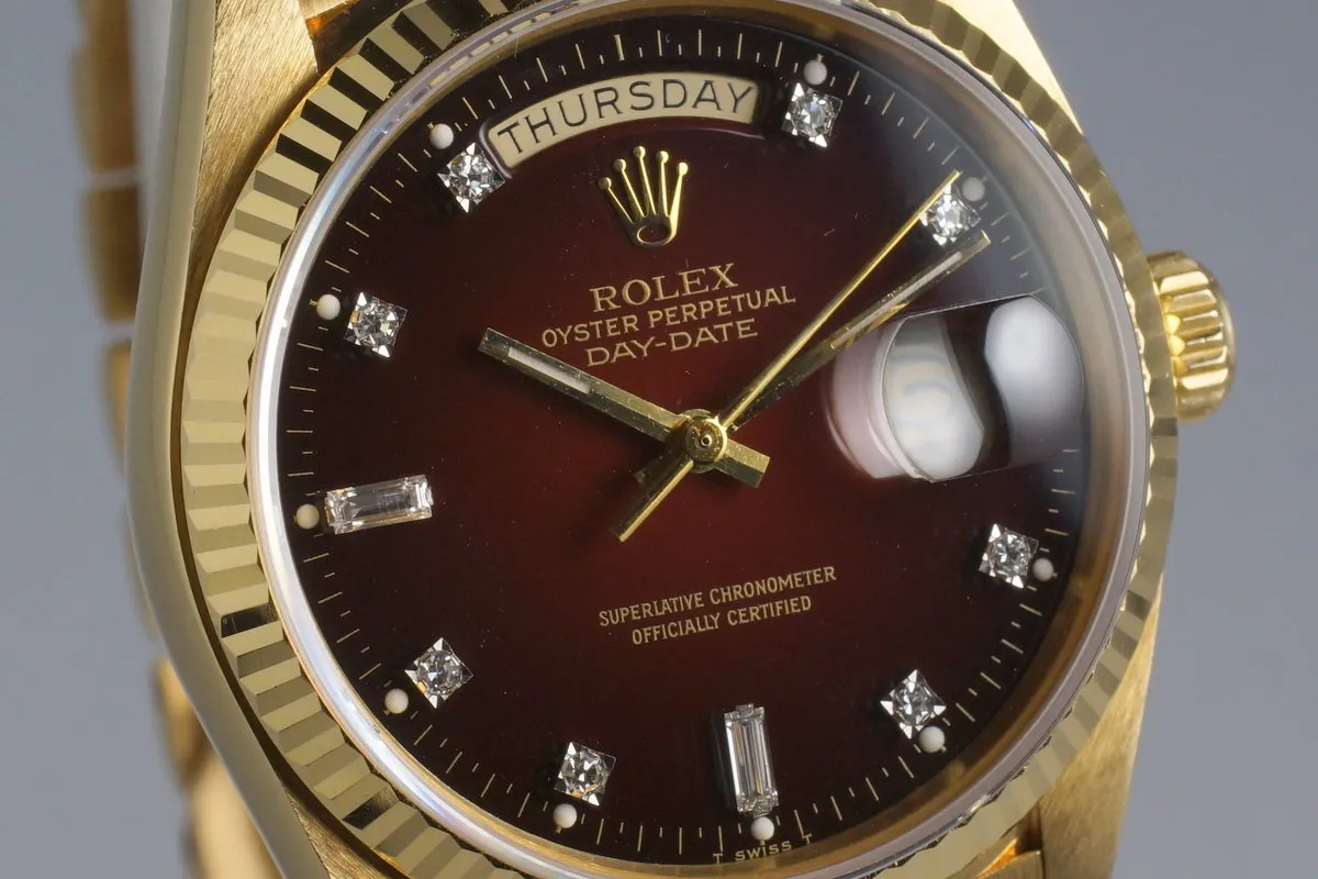 1982 Rolex YG Day Date 18038 Factory Diamond Vignette Dial with Box and Papers
