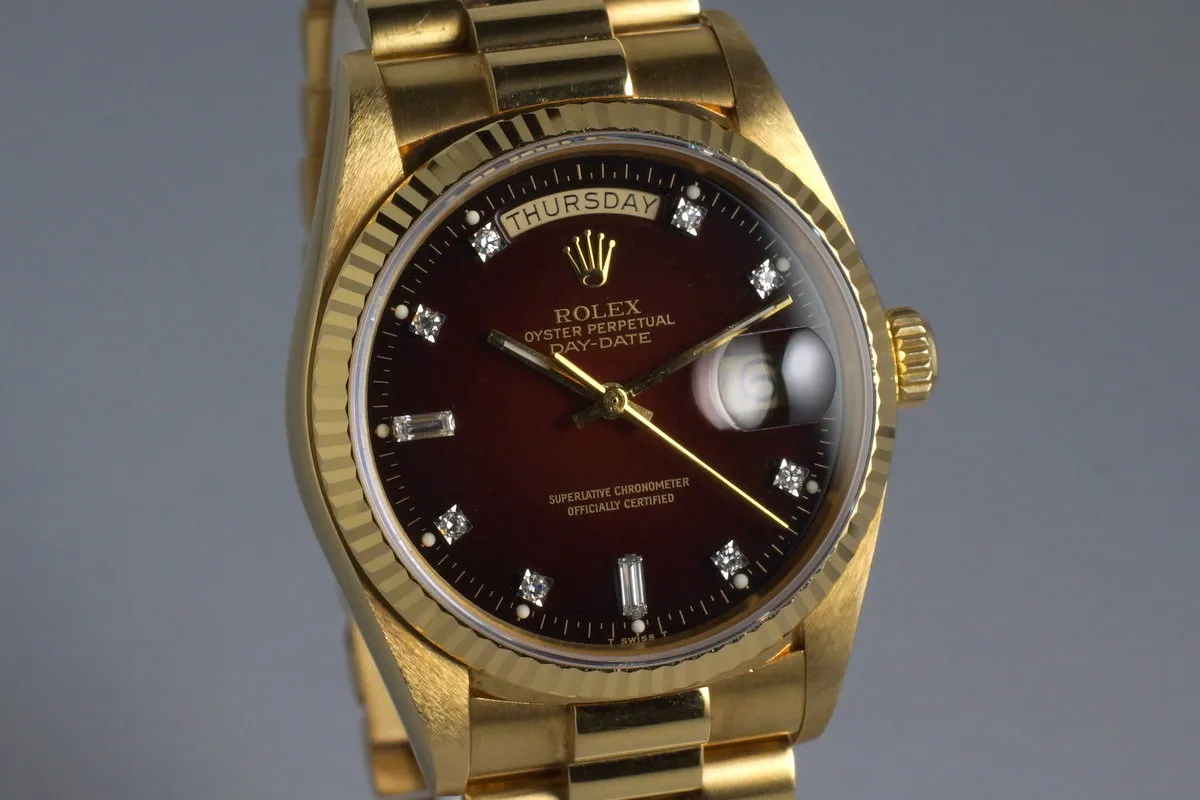 1982 Rolex YG Day Date 18038 Factory Diamond Vignette Dial with Box and Papers