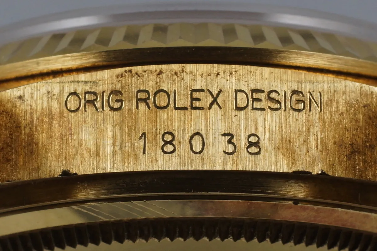 1982 Rolex YG Day Date 18038 Factory Diamond Vignette Dial with Box and Papers