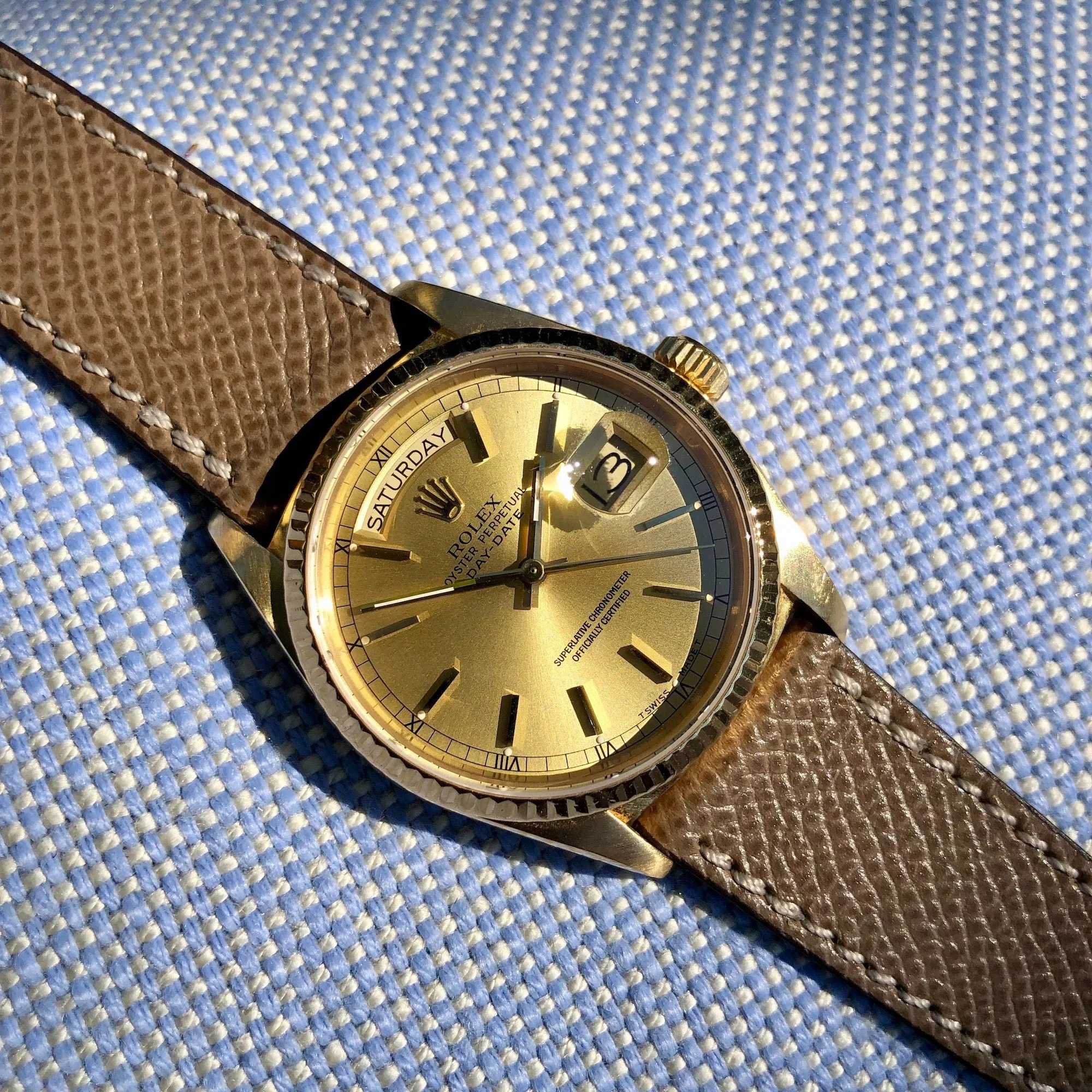 1986 Rolex President 18038 Day Date 18K Yellow Gold Champagne Stick Wristwatch