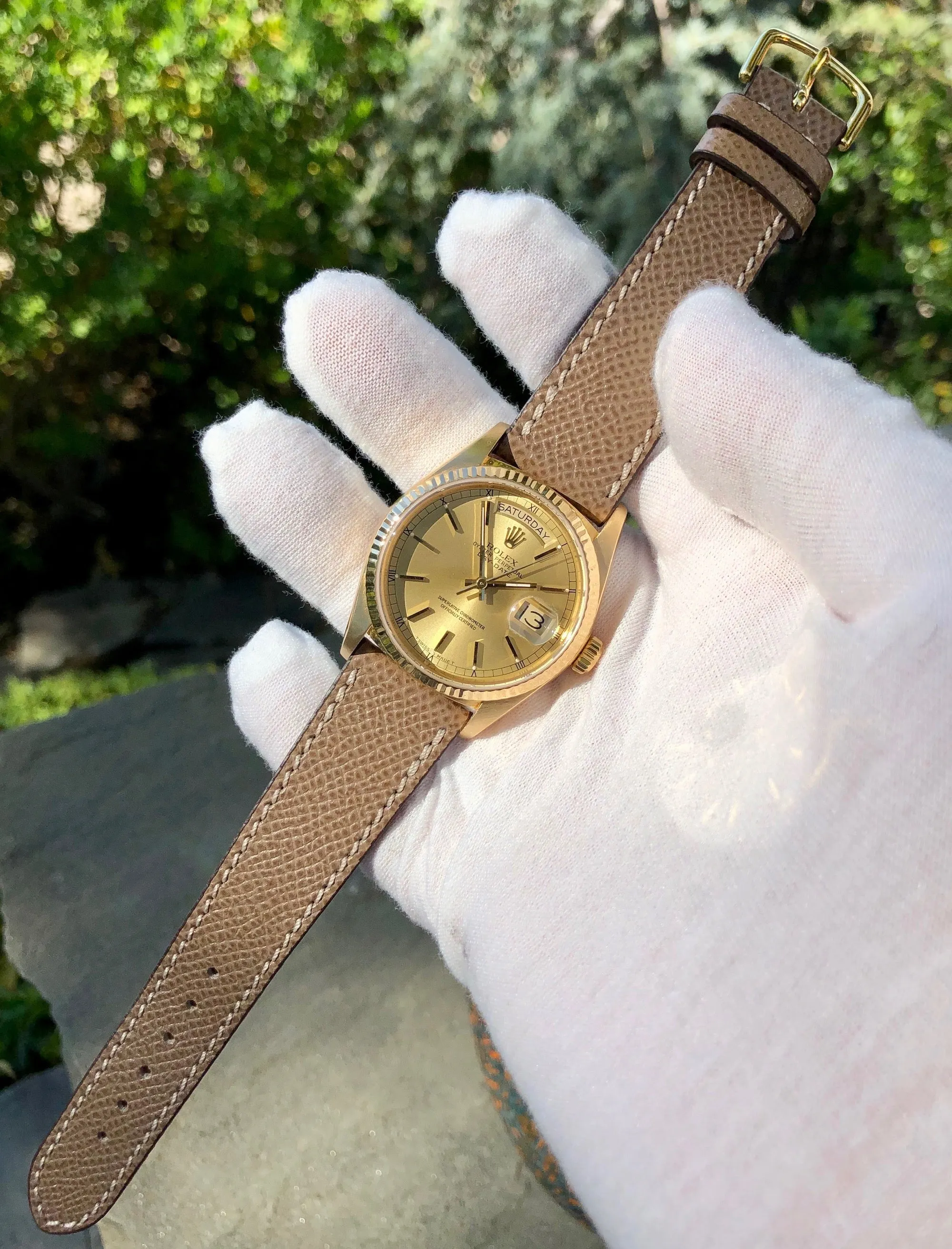 1986 Rolex President 18038 Day Date 18K Yellow Gold Champagne Stick Wristwatch