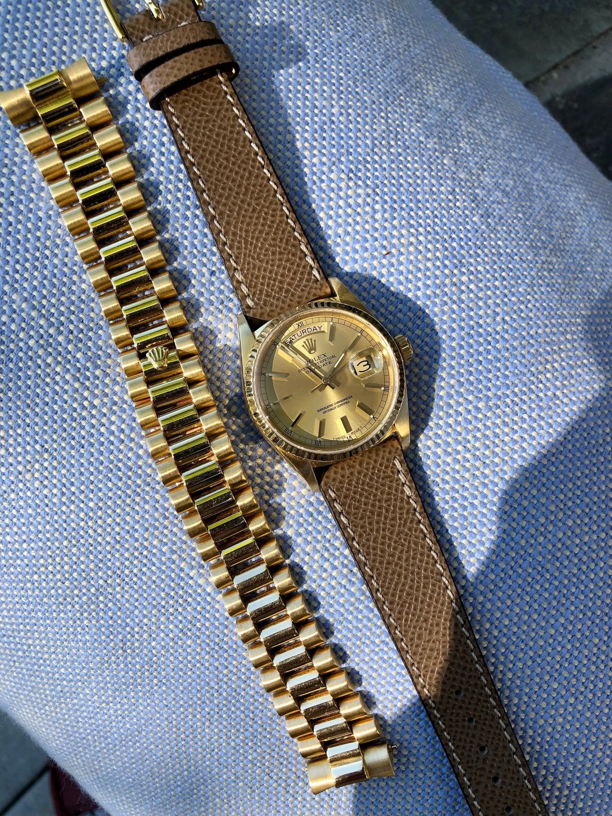 1986 Rolex President 18038 Day Date 18K Yellow Gold Champagne Stick Wristwatch