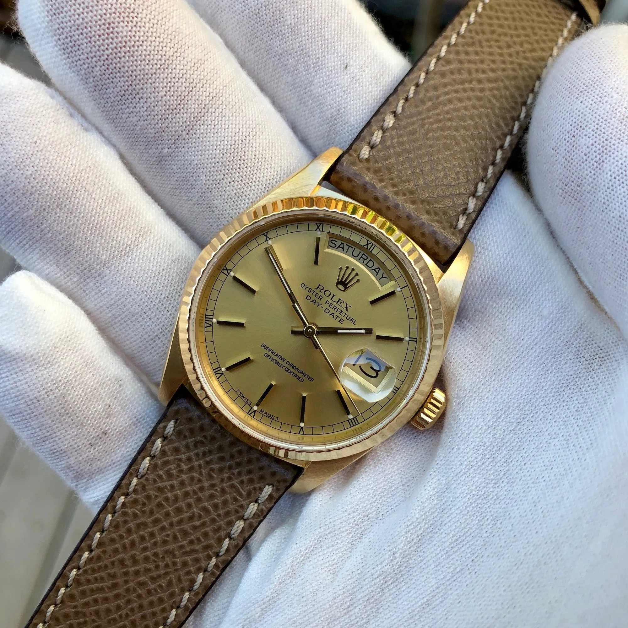 1986 Rolex President 18038 Day Date 18K Yellow Gold Champagne Stick Wristwatch