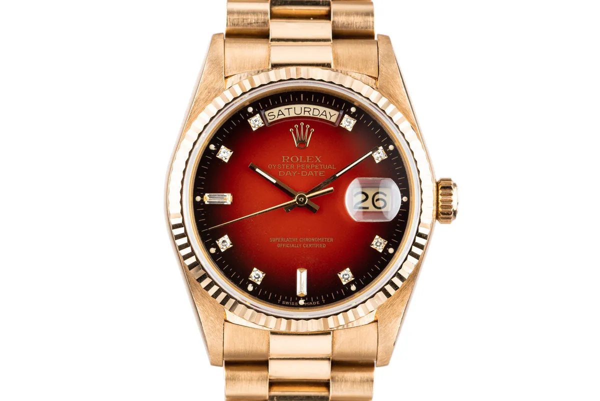 1987 Rolex 18K Day-Date 18038 with Red Diamond Vignette Dial
