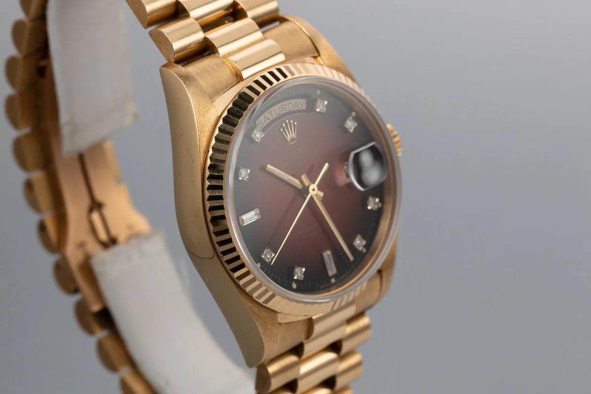 1987 Rolex 18K Day-Date 18038 with Red Diamond Vignette Dial