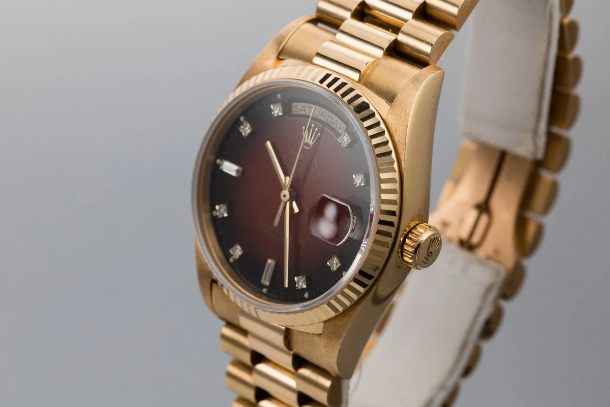 1987 Rolex 18K Day-Date 18038 with Red Diamond Vignette Dial