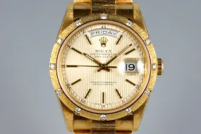 1988 Rolex YG Bark Day-Date 18308 Tapestry Dial with Factory Diamond Bark Bezel