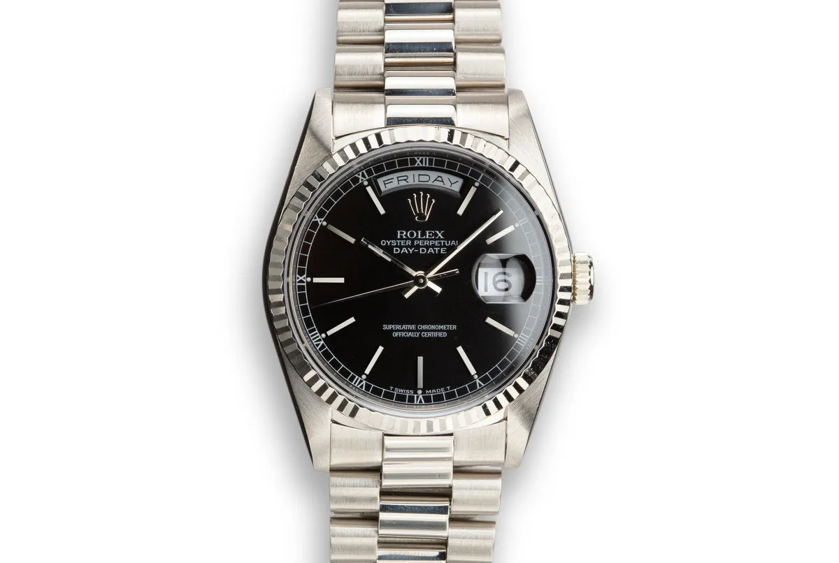 1990 Rolex 18K WG Day-Date 18239 Black Dial with Box and Papers