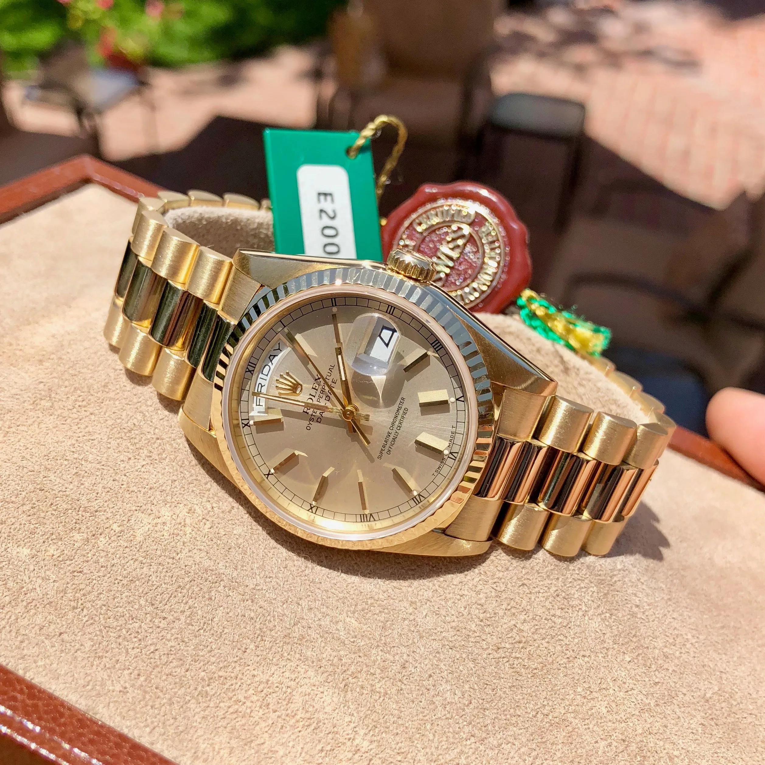1990 Rolex President 18238 Day Date 18K Yellow Gold Silver Stick "E" Serial Box Papers MINT
