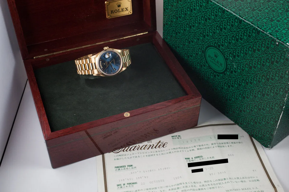 1995 Rolex 18K YG Day-Date 18238 Blue Dial with Box and Papers