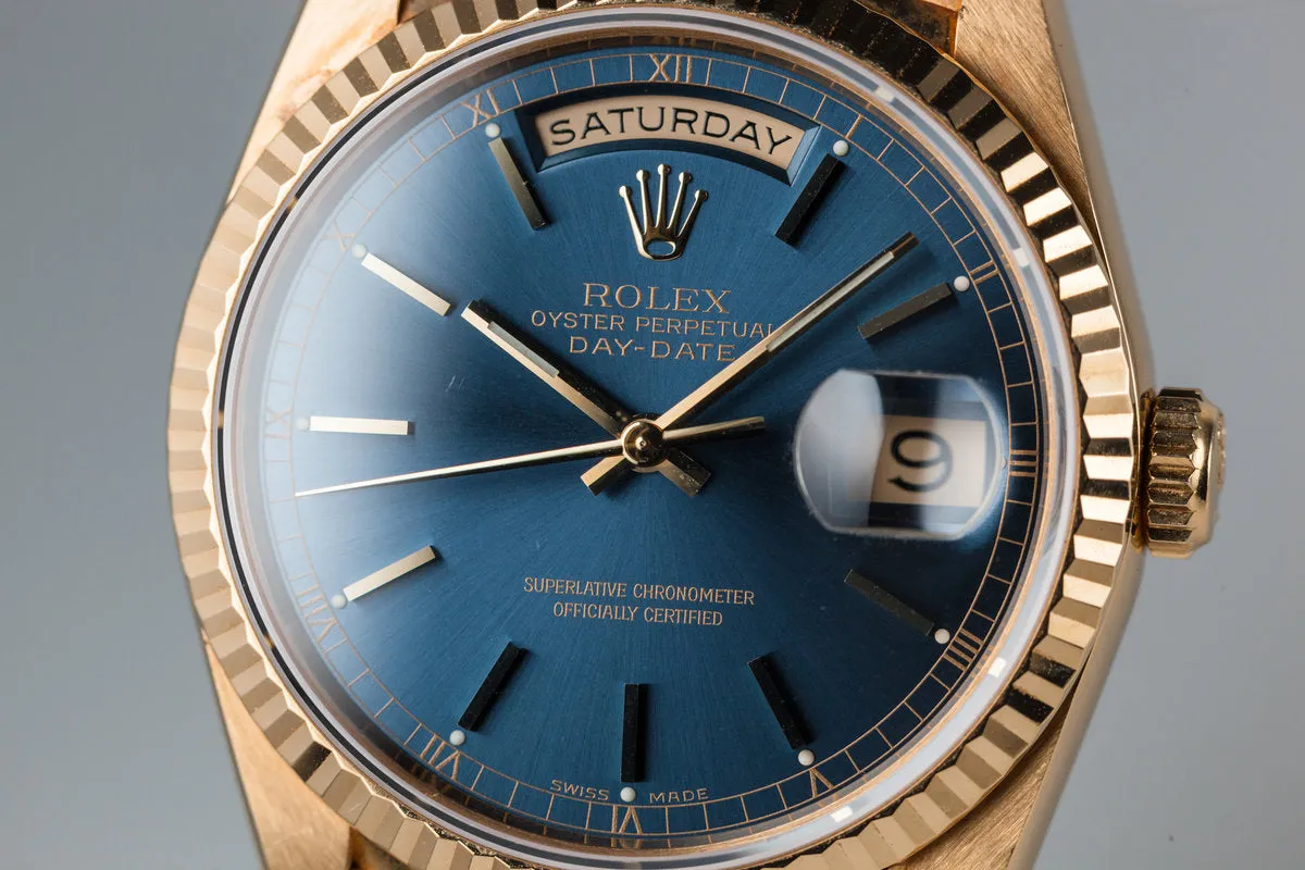 1995 Rolex 18K YG Day-Date 18238 Blue Dial with Box and Papers