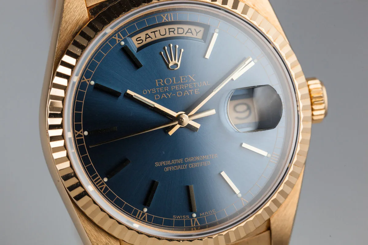 1995 Rolex 18K YG Day-Date 18238 Blue Dial with Box and Papers