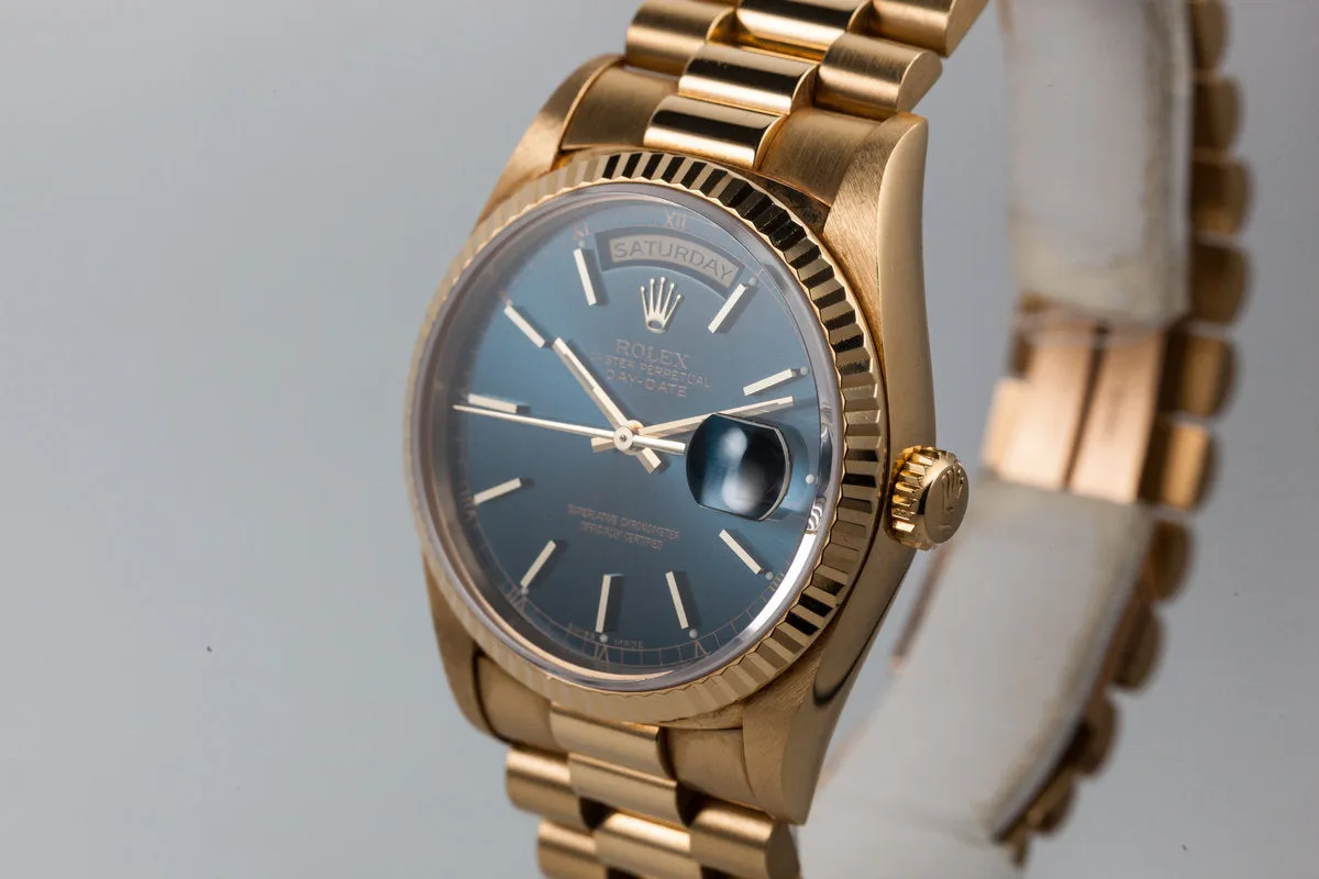 1995 Rolex 18K YG Day-Date 18238 Blue Dial with Box and Papers