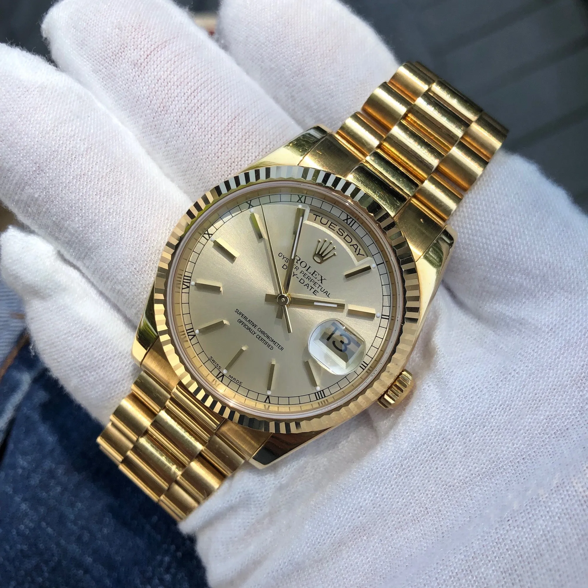 2001 Rolex President 118238 Day Date 18K Yellow Gold Silver Stick Wristwatch Unpolished Box Papers