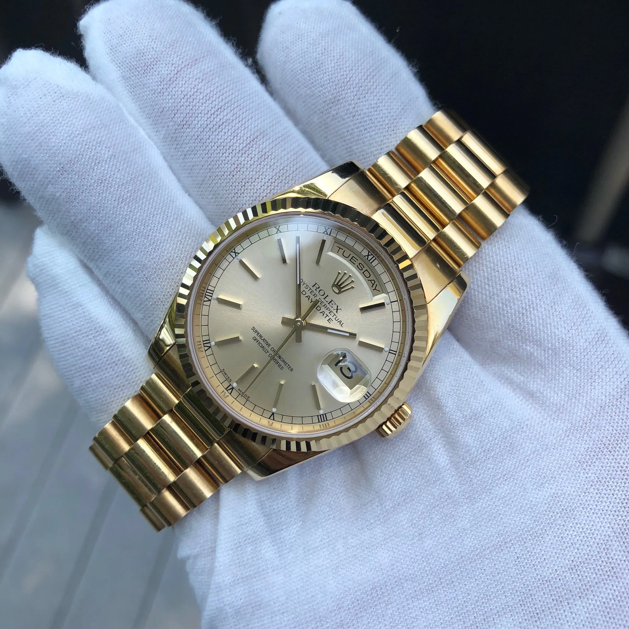 2001 Rolex President 118238 Day Date 18K Yellow Gold Silver Stick Wristwatch Unpolished Box Papers