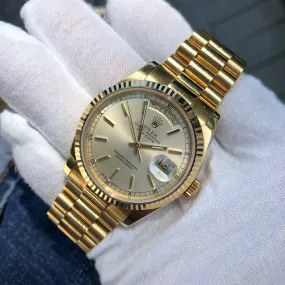 2001 Rolex President 118238 Day Date 18K Yellow Gold Silver Stick Wristwatch Unpolished Box Papers