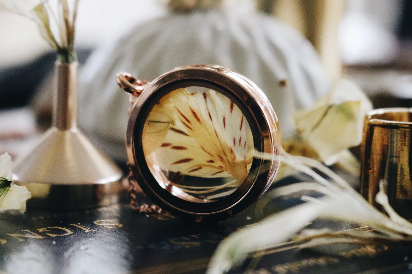 Alstromeria Gold & Yellow Blending with RoseGold Locket Necklace, Robinwood, Luxury Flower, design by Yut