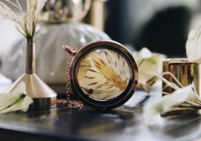 Alstromeria Gold & Yellow Blending with RoseGold Locket Necklace, Robinwood, Luxury Flower, design by Yut