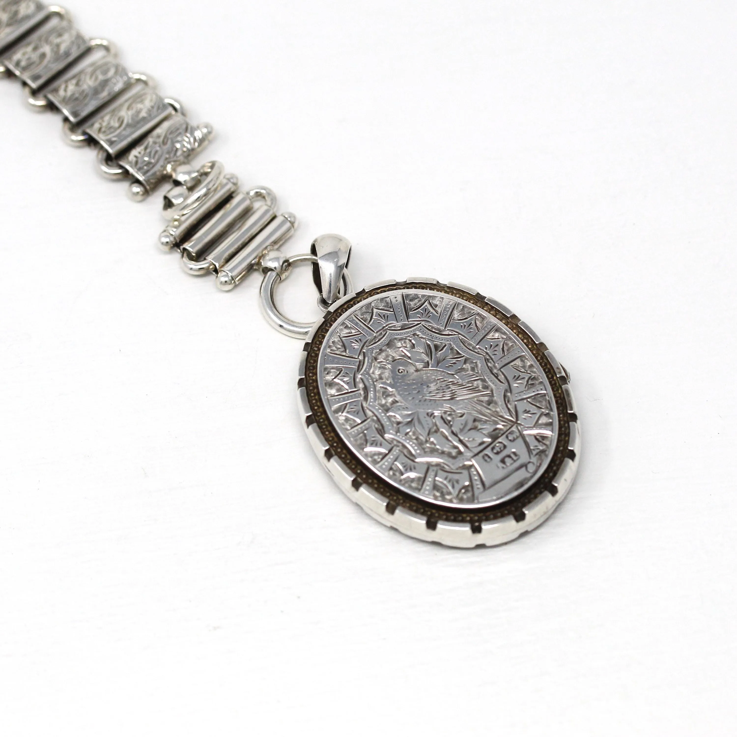 Antique Bird Locket - Victorian Sterling Silver Engraved Book Chain Necklace Pendant - Hallmarked 1893 Era Swallow Photo Statement Jewelry
