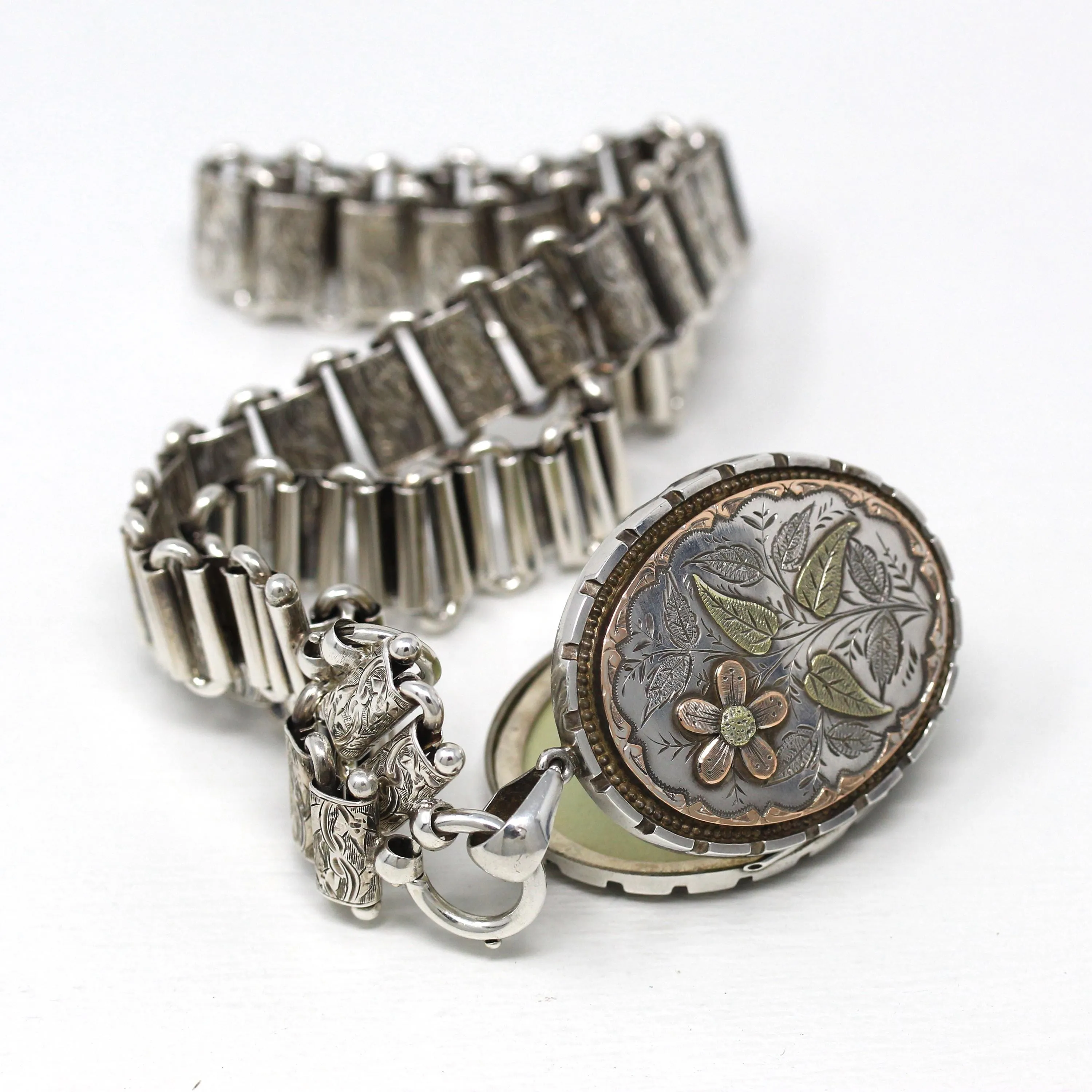Antique Bird Locket - Victorian Sterling Silver Engraved Book Chain Necklace Pendant - Hallmarked 1893 Era Swallow Photo Statement Jewelry