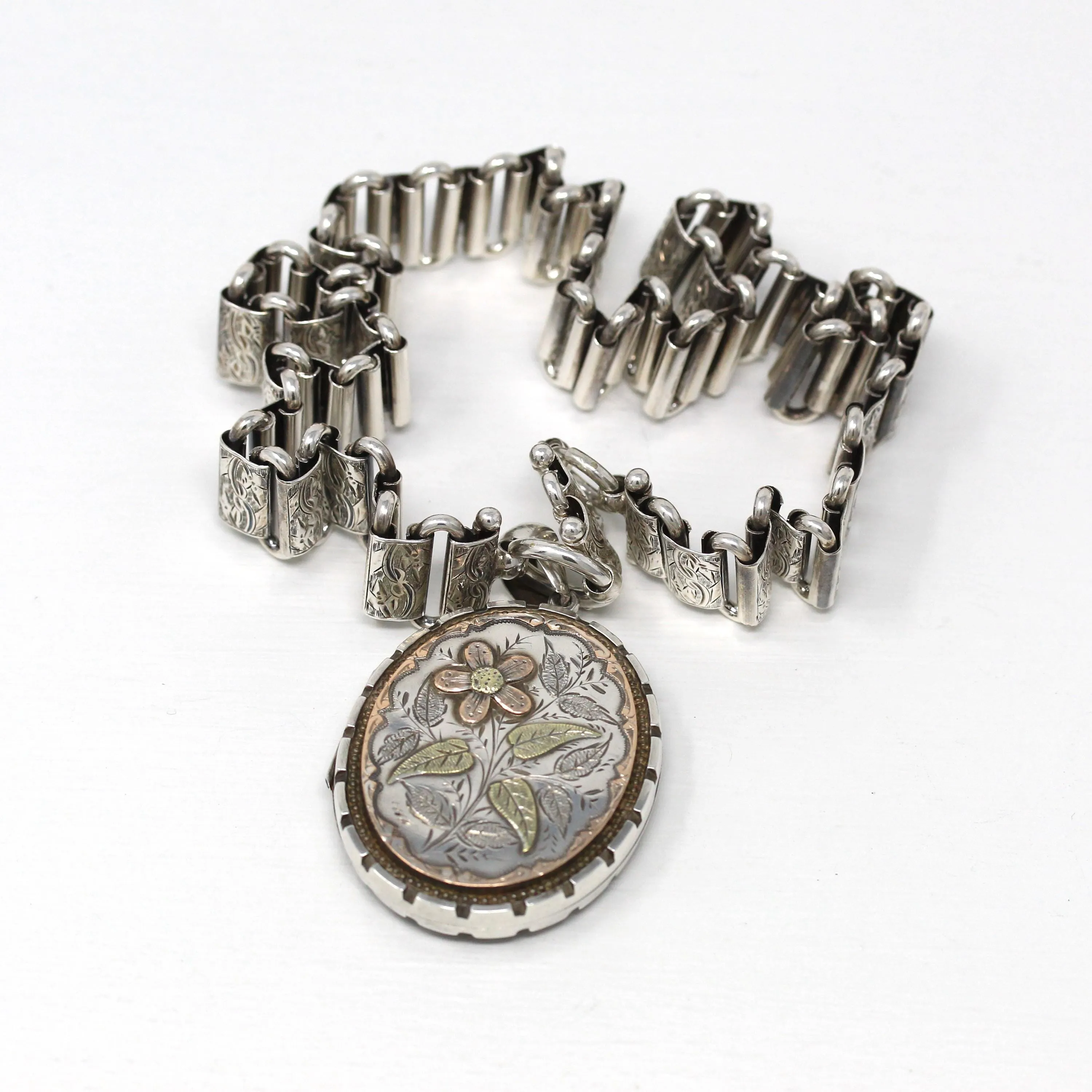 Antique Bird Locket - Victorian Sterling Silver Engraved Book Chain Necklace Pendant - Hallmarked 1893 Era Swallow Photo Statement Jewelry